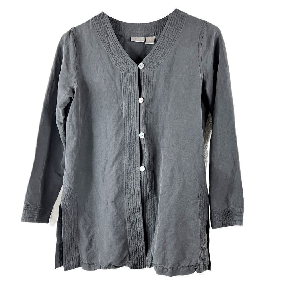 Spiegel Silk & Linen Grey Tunic Blouse Top V Neck Women Size 4